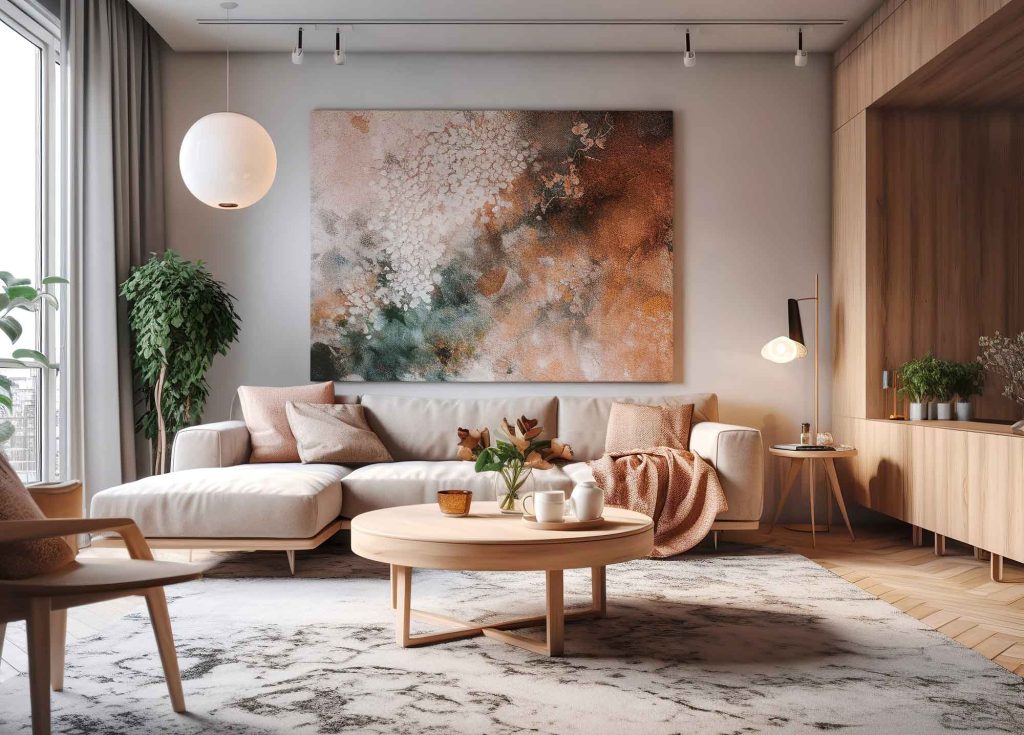 Grey sofa with pink pillows and blanket against white wall with abstract art poster. Interior design of modern living room. Created with generative AI technology.